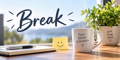 A coffee mug and sticky note reading a reminder to take a break