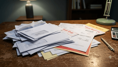 A person overwhelmed by bills and notices — in debt