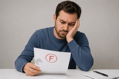 A test paper marked with a big red F — fail