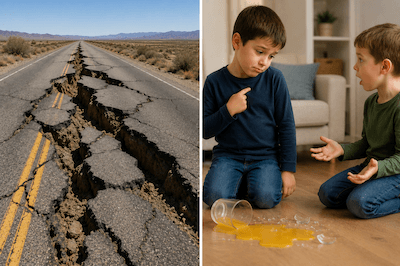 A geological fault line in the earth (left) and a person pointing blame (right)