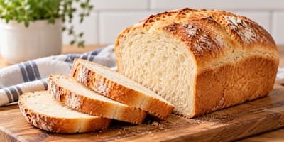 A freshly baked loaf of bread, partly sliced