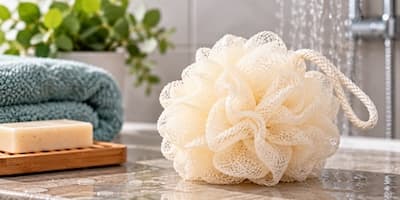 A loofah bath sponge on a bathroom counter