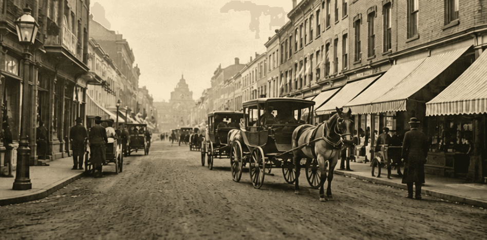 An old sepia photograph of a historic street scene