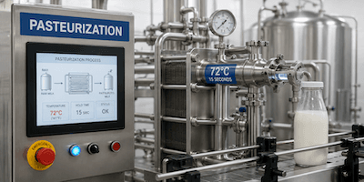 An industrial pasteurization machine heating a bottle of milk