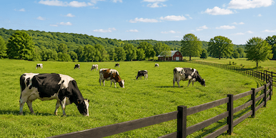 Cows grazing in a green pasture