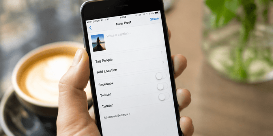 A phone screen showing a 'New Post' screen ready to share to social media