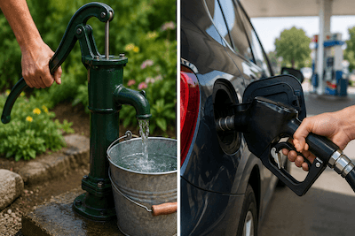 A hand water pump, and someone pumping gas into a car