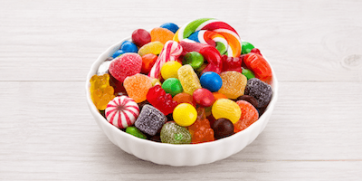 A bowl of colourful sweets and candy