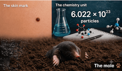 Three meanings of mole — the animal, a skin mark, and a chemistry unit