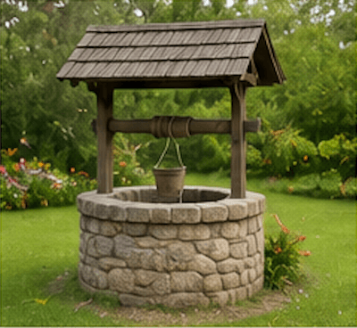 A stone water well in a courtyard
