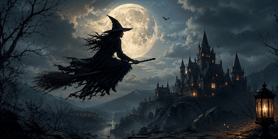 A witch flying on a broomstick in front of a full moon
