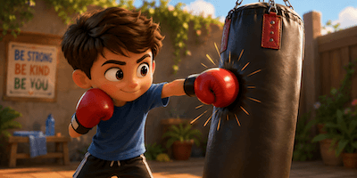 A boy punching a punching bag