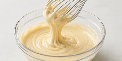 Cake batter being whisked in a glass bowl