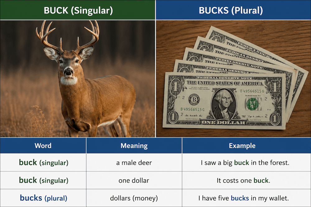 Comparison chart — buck (singular: male deer or one dollar) vs bucks (plural: dollars)