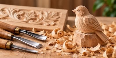 A hand-carved wooden bird next to carving tools and wood shavings