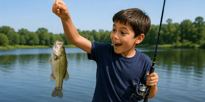 A boy holding up a fish he caught
