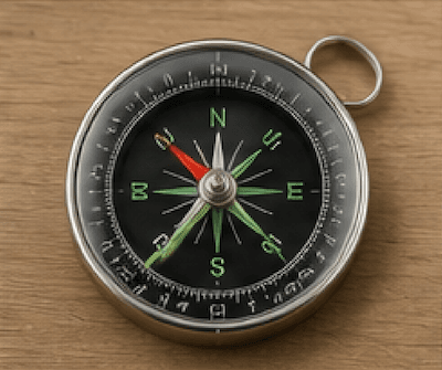 A magnetic compass showing North