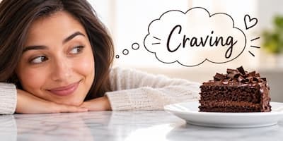 A woman eyeing a slice of chocolate cake, daydreaming about it