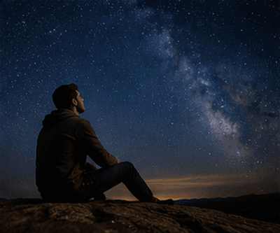 A person gazing up at stars in the night sky