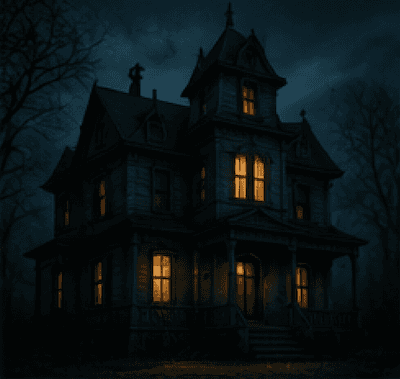 A spooky haunted house at night with glowing windows
