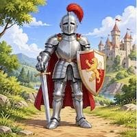 A medieval knight in armor holding a sword and shield in front of a castle