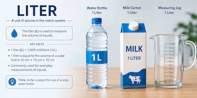 A one-liter water bottle, milk carton, and measuring jug