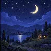 A night sky with a crescent moon over a lake and a cottage