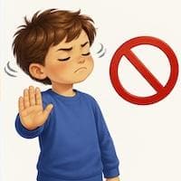 A boy holding up his hand next to a red 'no' symbol