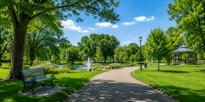 A green public park with a path and trees