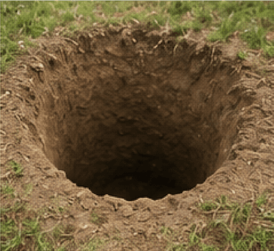 A deep hole or pit in the ground