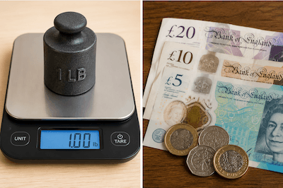 A pound — British currency symbol £ and a set of scales