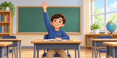 A boy raising his hand in a classroom