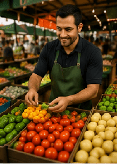 A person selling goods at a market stall