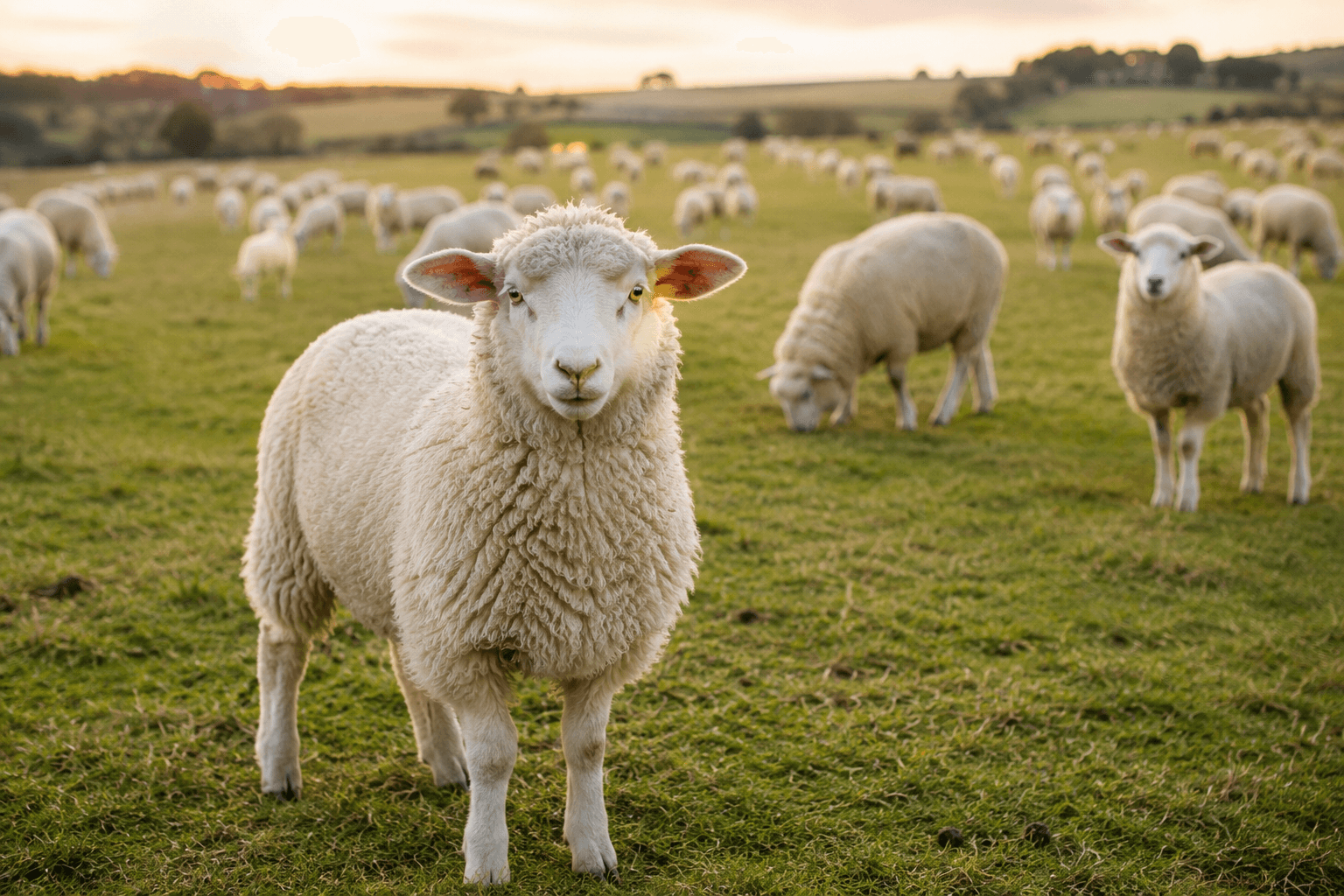 Fluffy sheep grazing in a green field