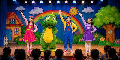 Children watching a colourful stage show