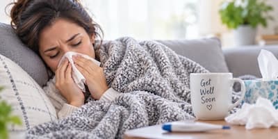 A woman wrapped in a blanket, sick with a cold