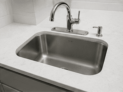 A kitchen sink with a tap