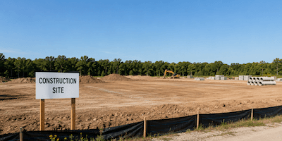 A construction site with a sign