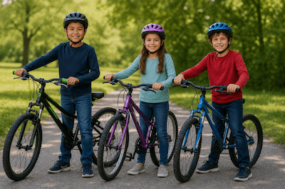 Three children with their bikes — their bikes