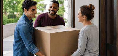 People delivering a box together — they're delivering