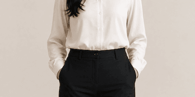 A person's waist, shown at the waistband of a pair of trousers