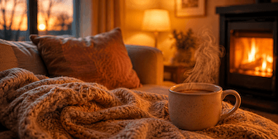 A cosy blanket and a warm drink by a fireplace